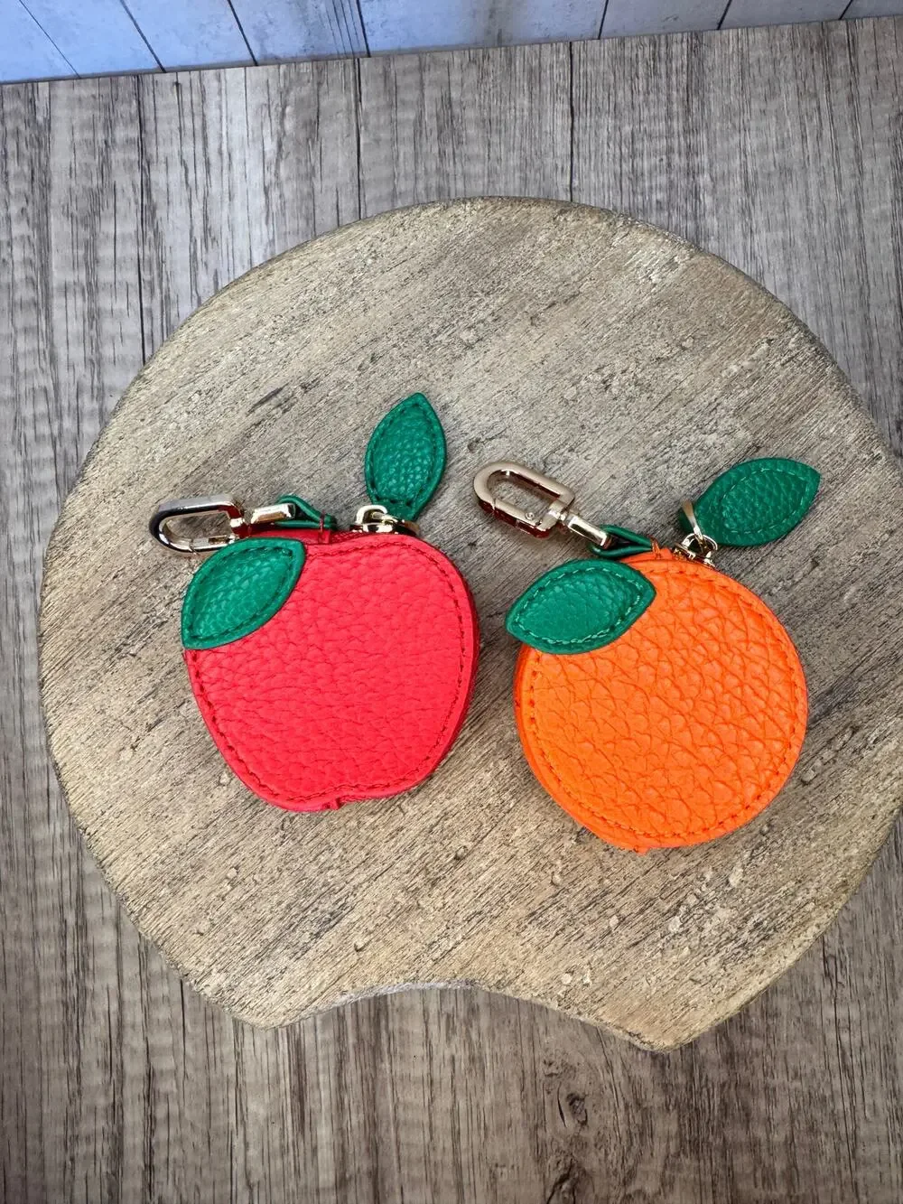 Set of 2 Apple Orange Pouch Purse Charms Fruit Keychains NeW FAST SHIP